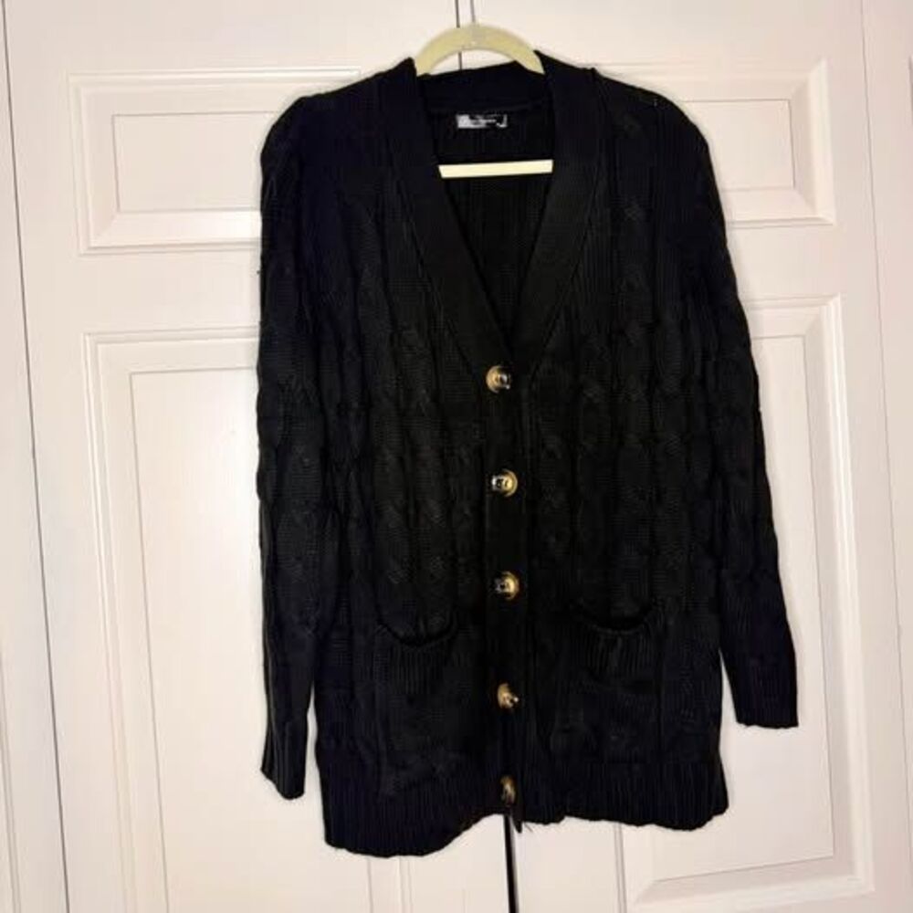 PRETTYGARDEN Black Cable Knit Longline Cardigan Sweater XL Button Pockets